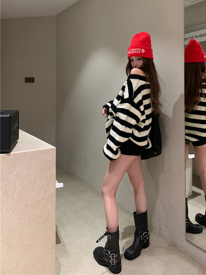 【tops】ボーダー柄ニットトップス Q9284