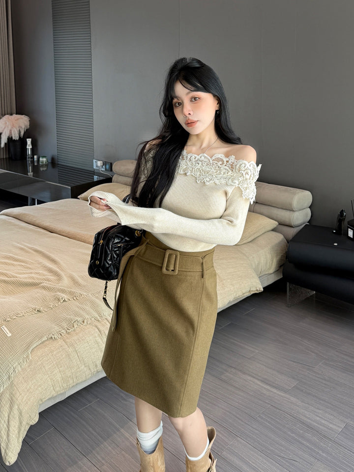 【tops】レースドッキングオフショルダーニットトップス Q9199