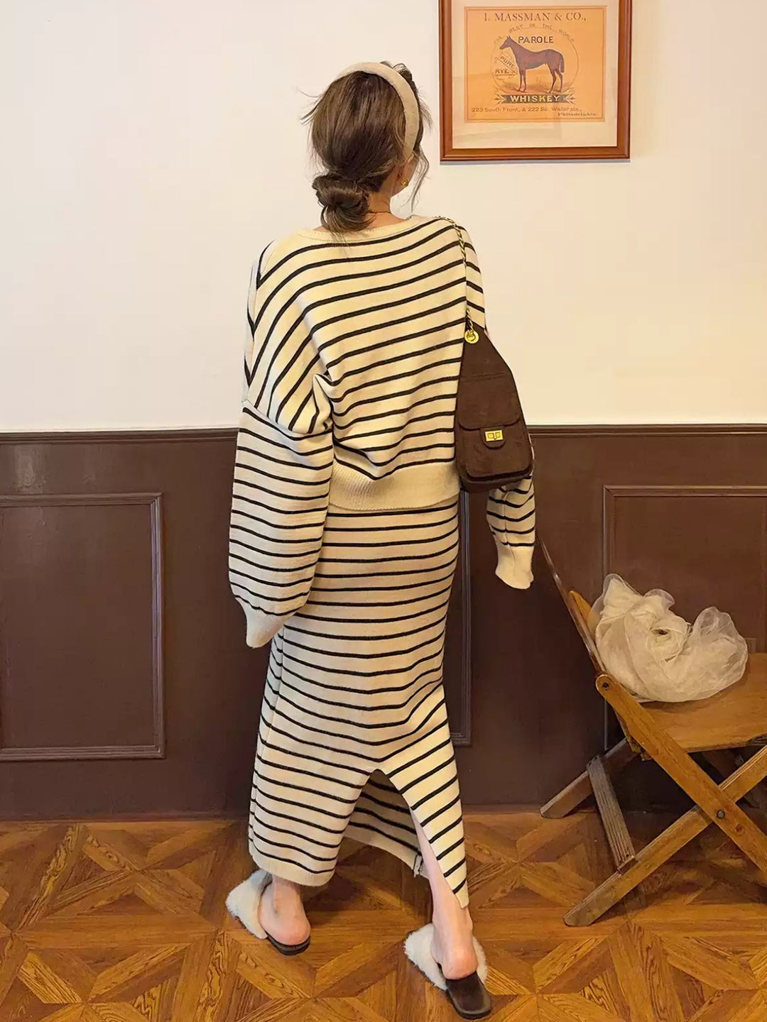 【set】ボーダー柄ニットトップス×ロングスカートセット Q9283
