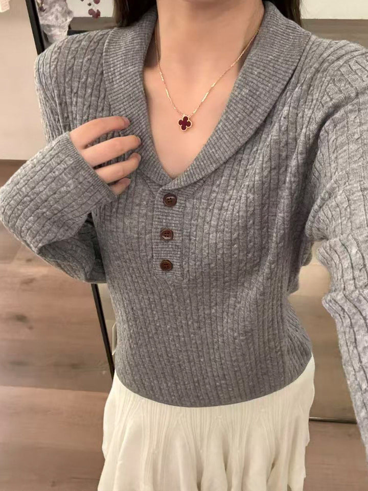 【tops】折り襟ニットトップス Q9142