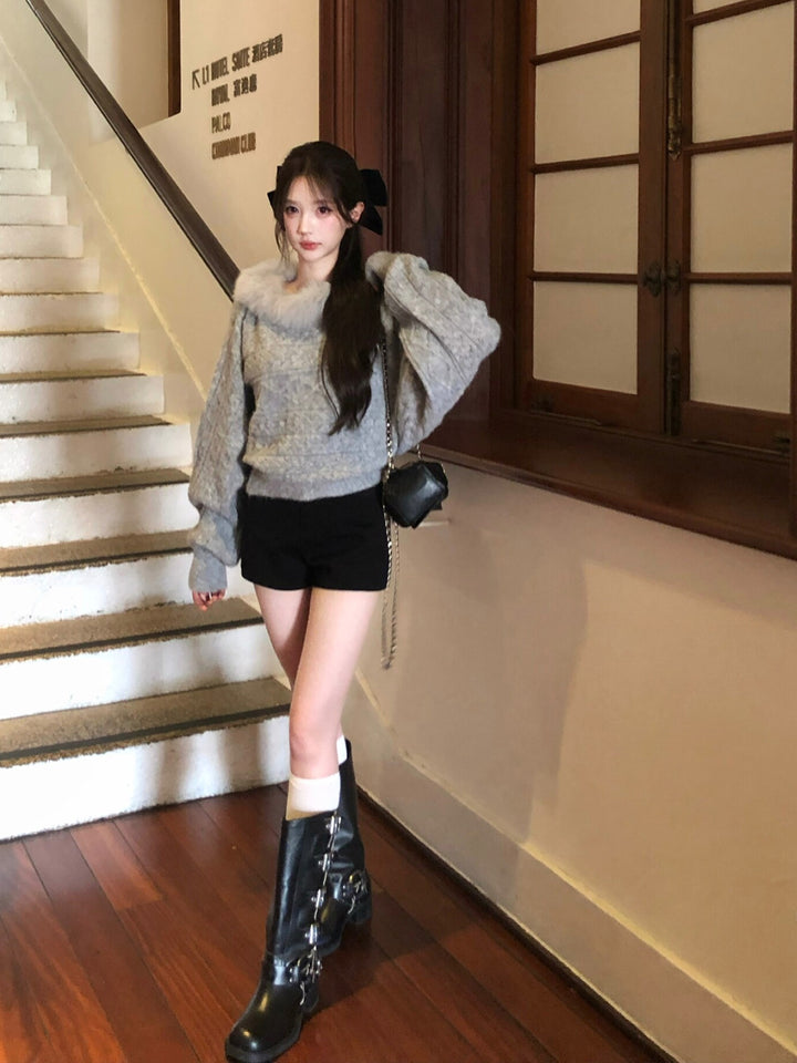 【set】ファー付きニットトップス×ショートパンツセット Q9246