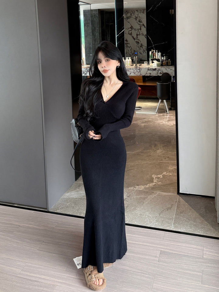 【dress】Vネックロングニットワンピース Q9187