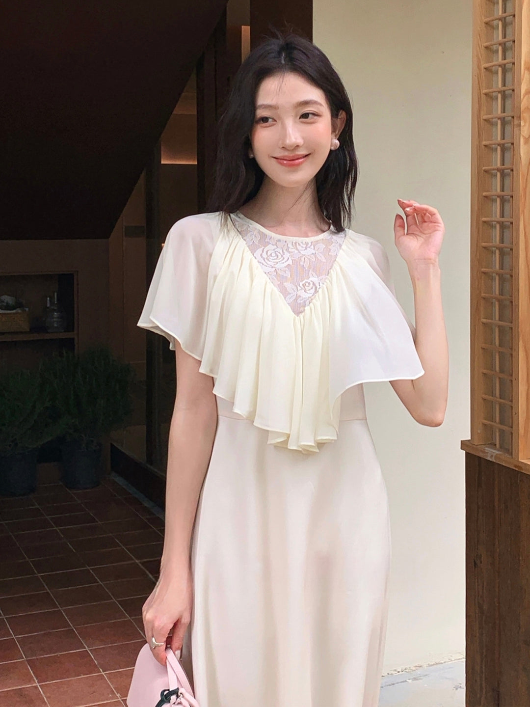 【dress】レースドッキングハンカチーフスリーブロングワンピース Q8675