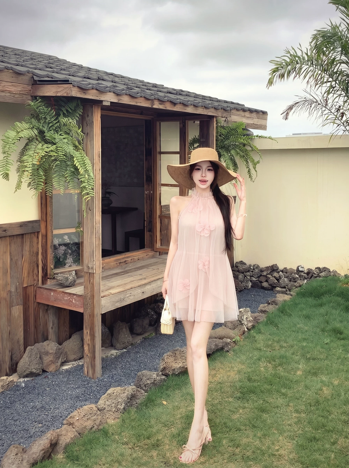 【dress】立体感フラワー付きチュールミニワンピース Q8556
