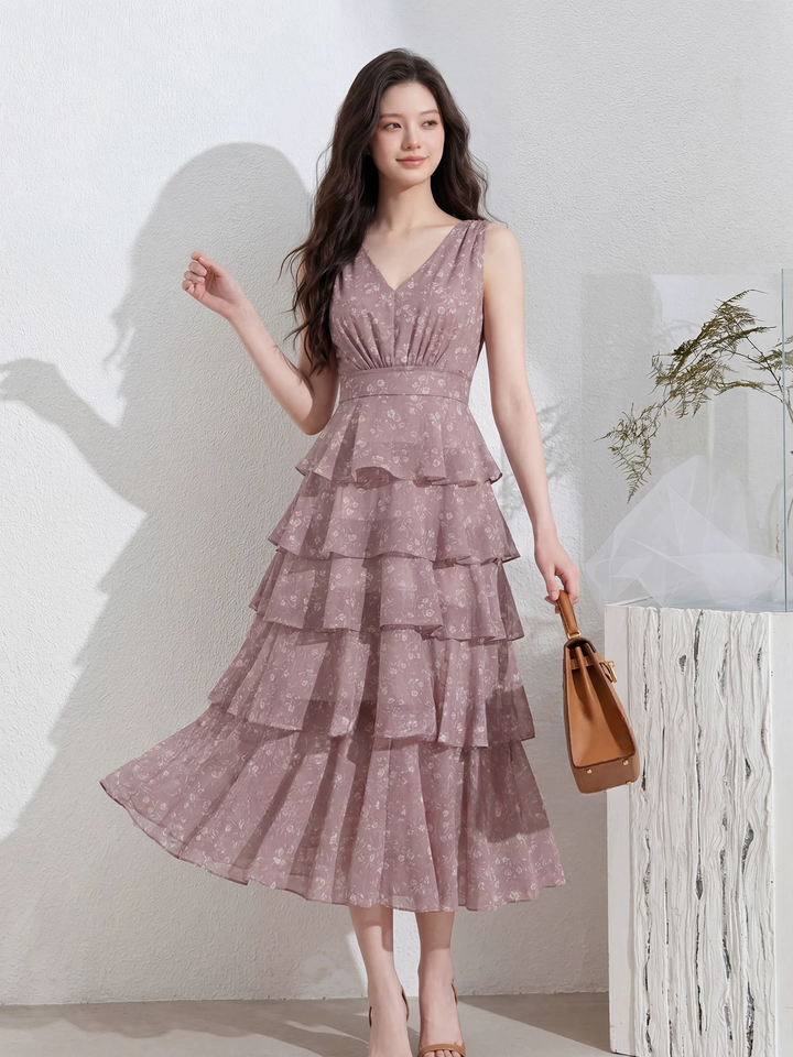 【dress】フラワー柄ノースリーブロングティアードワンピース Q8537