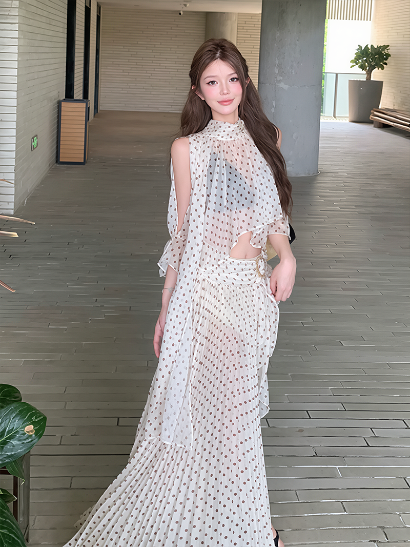 【set】ドット柄シャツ×ロングスカートセット Q8598