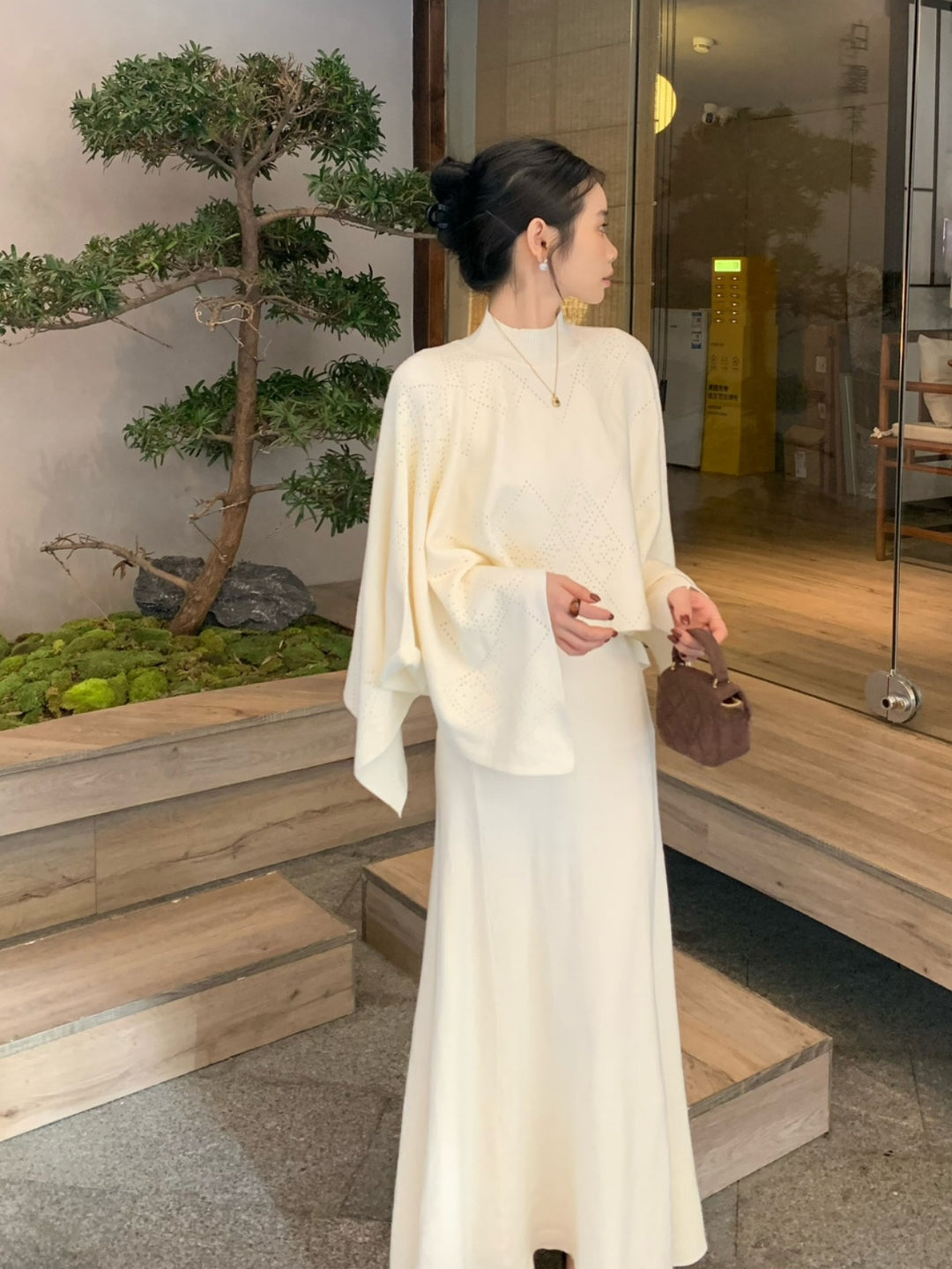 【set】ニットケープトップス×ロングニットワンピースセット Q9261