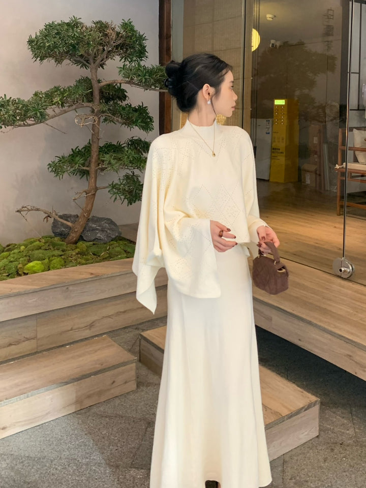 【set】ニットケープトップス×ロングニットワンピースセット Q9261