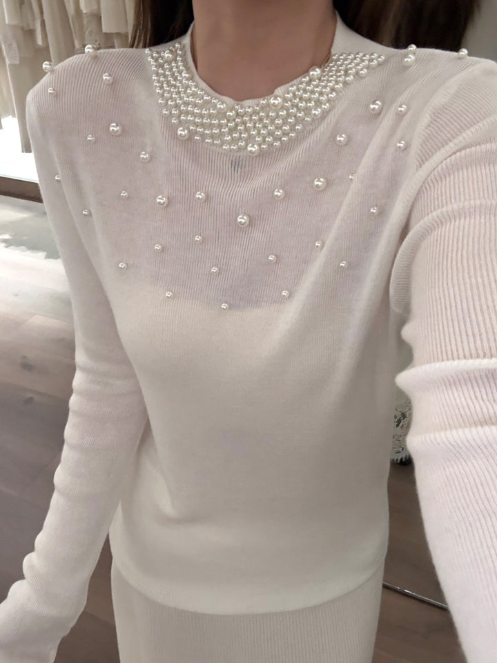 【tops】パール付きニットトップス Q9139