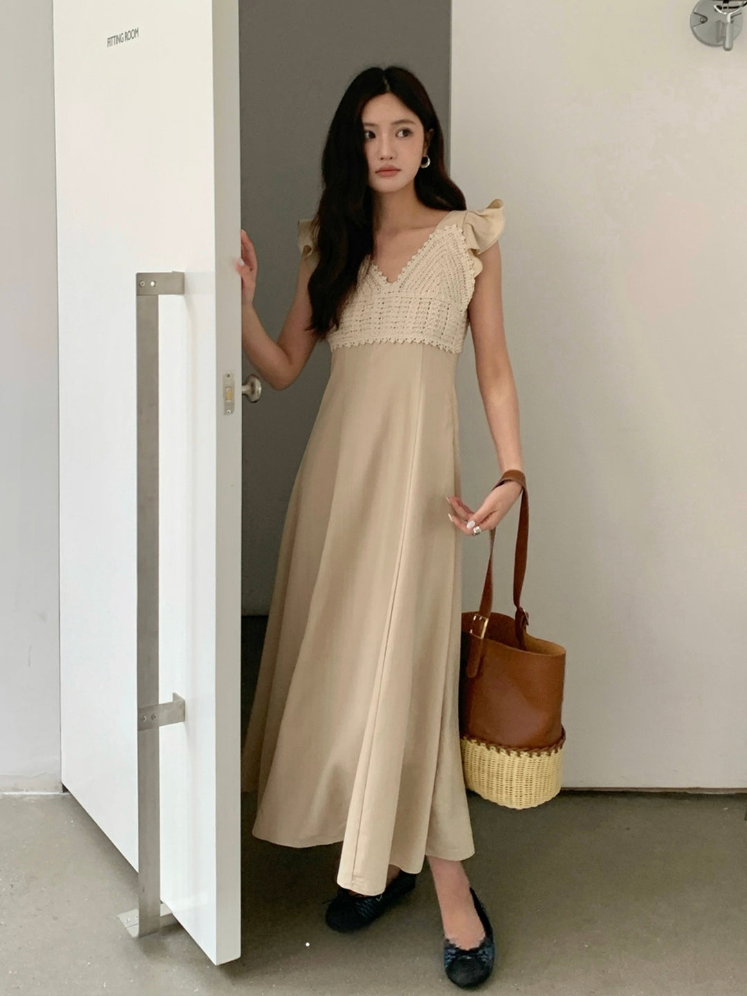 【dress】レースドッキングフラッタースリーブワンピース Q8672