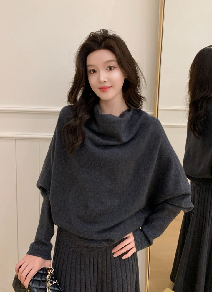 【set】ドレープドネックニットトップス×ロングプリーツスカートセット Q9240