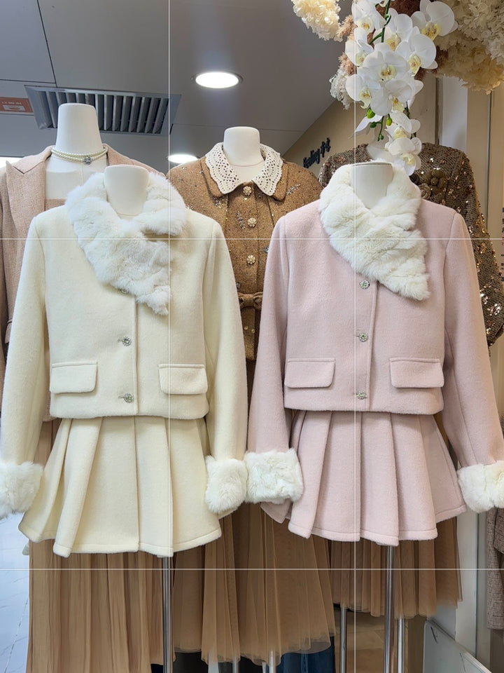 【set】ファードッキングダウンコート×プリーツスカートセット Q9329