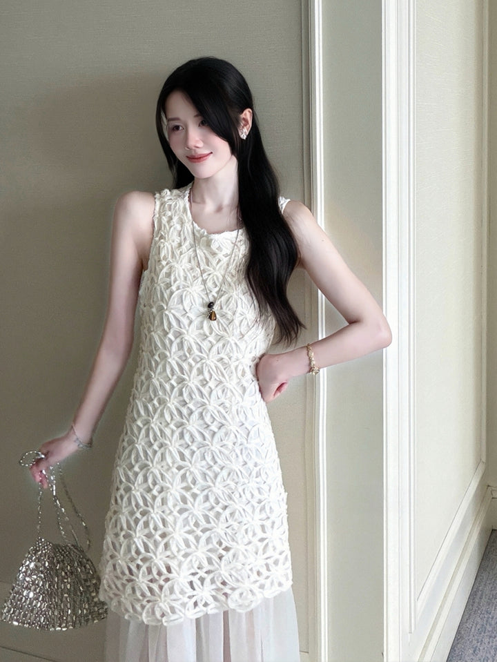 【dress】ノースリーブチュールドッキングロングワンピース Q8674