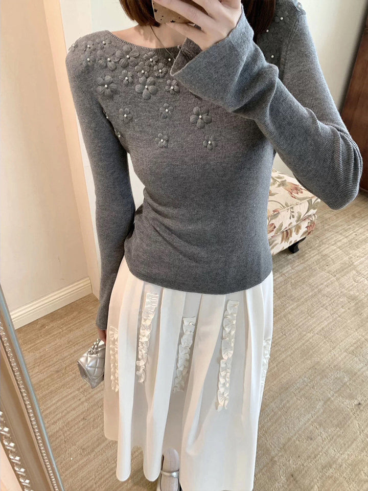 【tops】立体フラワー付きニットトップス Q9091