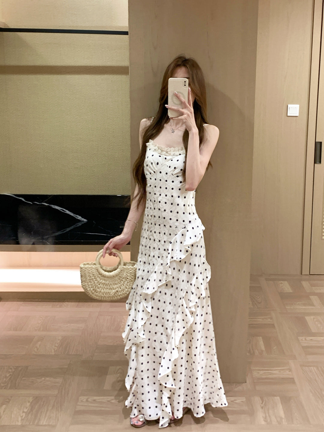【dress】ドット柄ギャザーフリルキャミワンピース Q8664