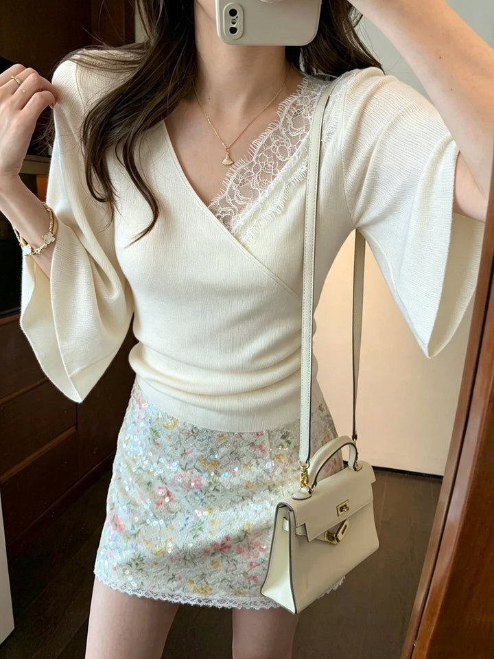 【tops】レースドッキングニットトップス Q9060