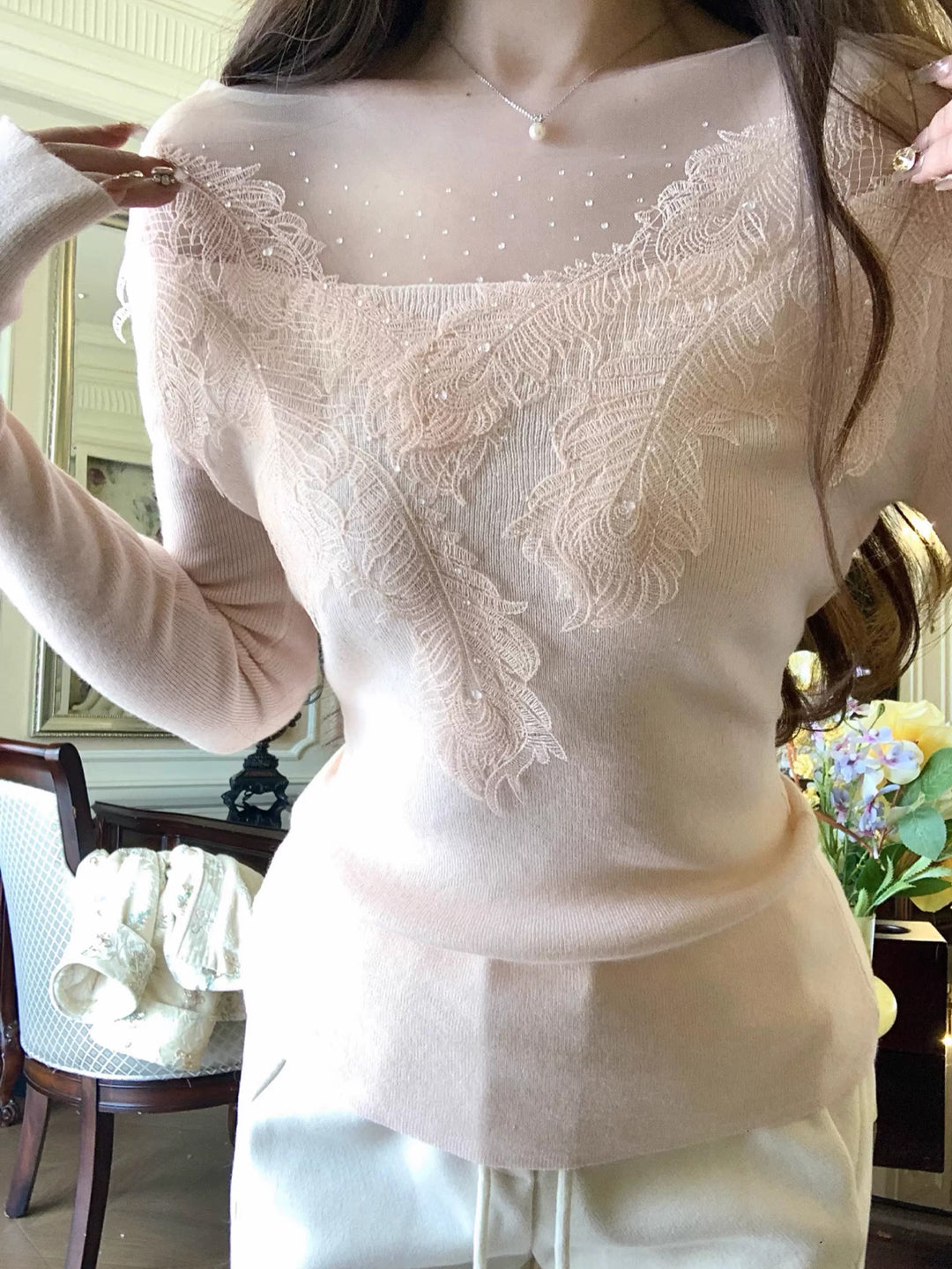 【tops】レースドッキングニットトップス Q9083