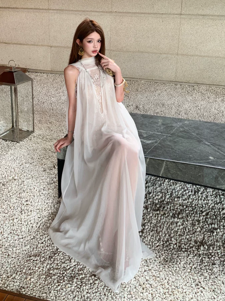 【dress】レースドッキングシアーチュールロングワンピース Q8585