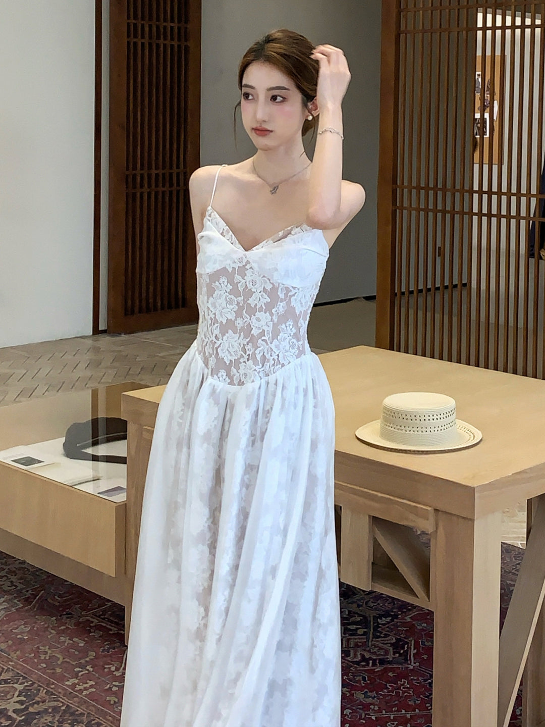 【dress】レースドッキングロングキャミワンピース Q8659