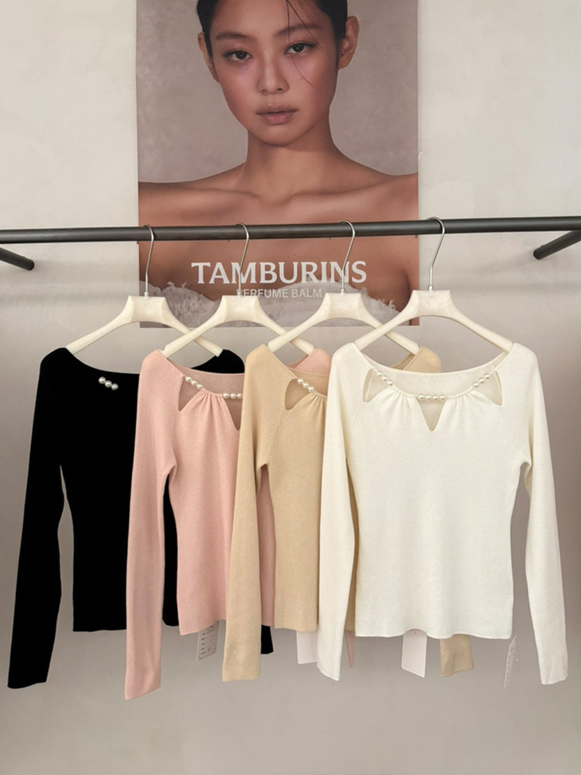 【tops】パール付きニットトップス Q9129