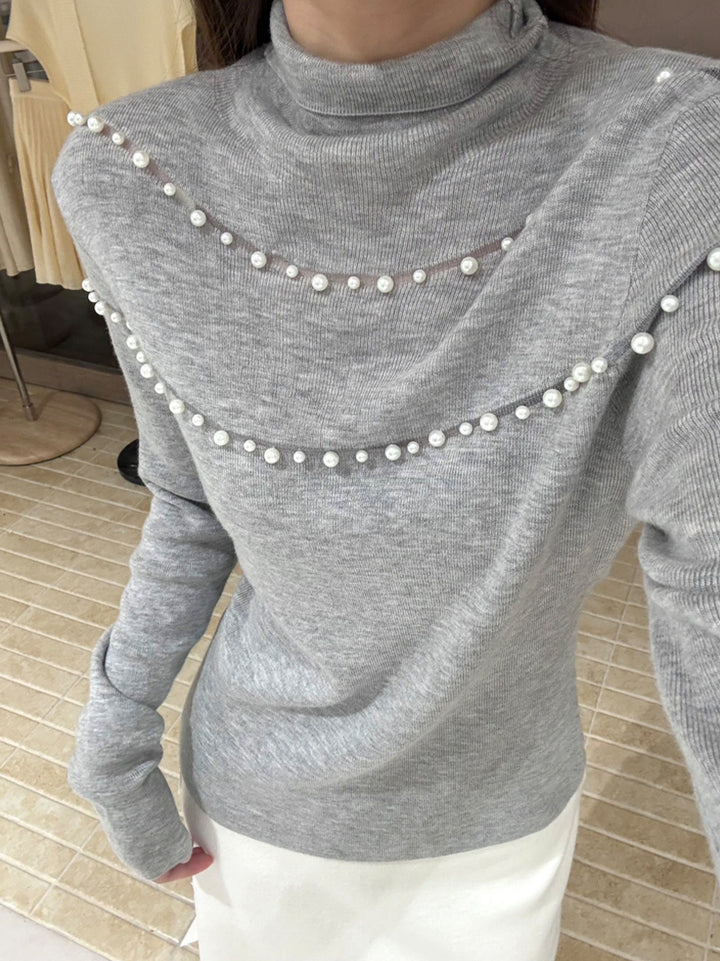 【tops】パール付きハイネックニットトップス Q9133
