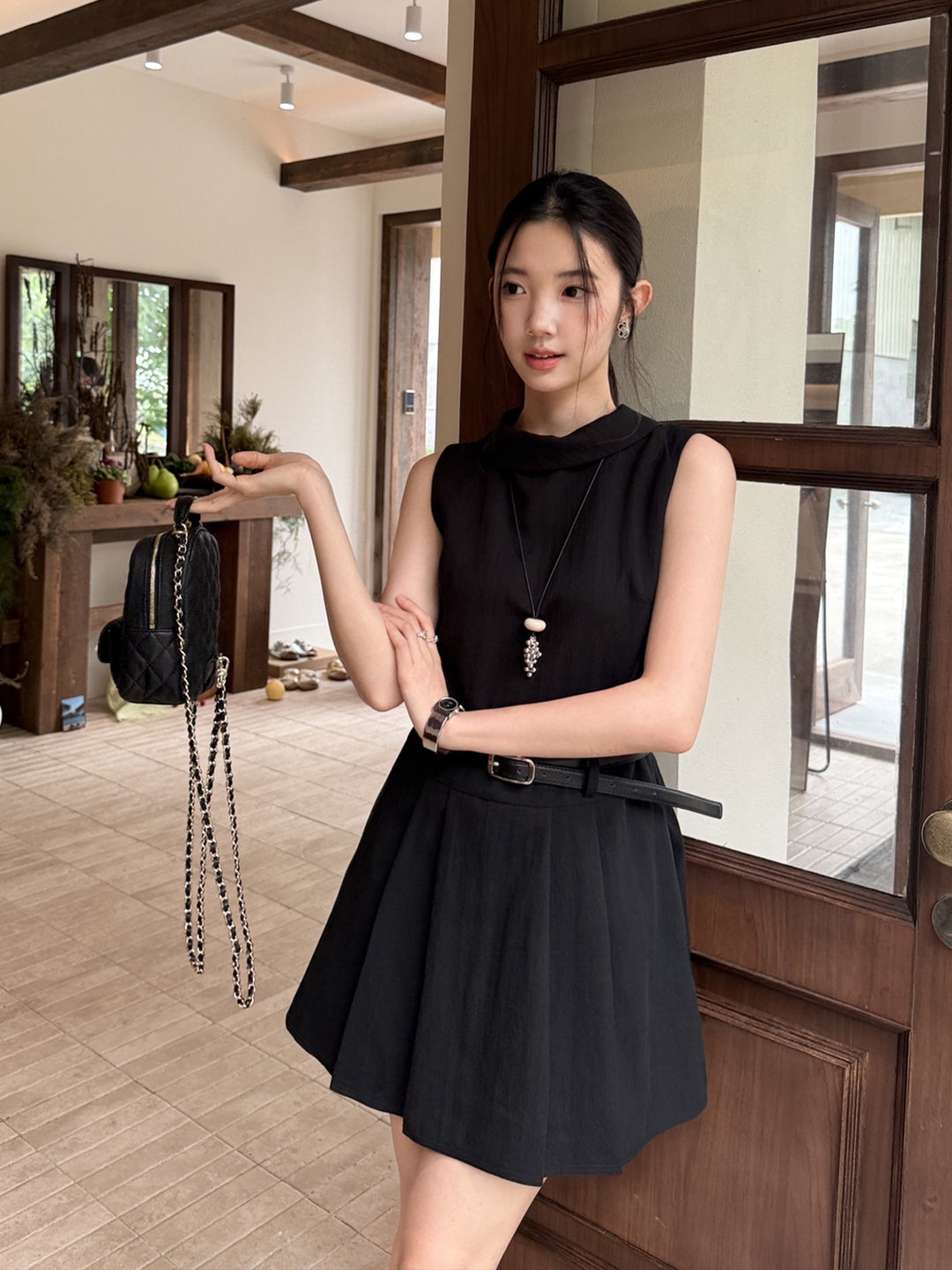 【dress】ベルト付きノースリーブミニワンピース Q8669