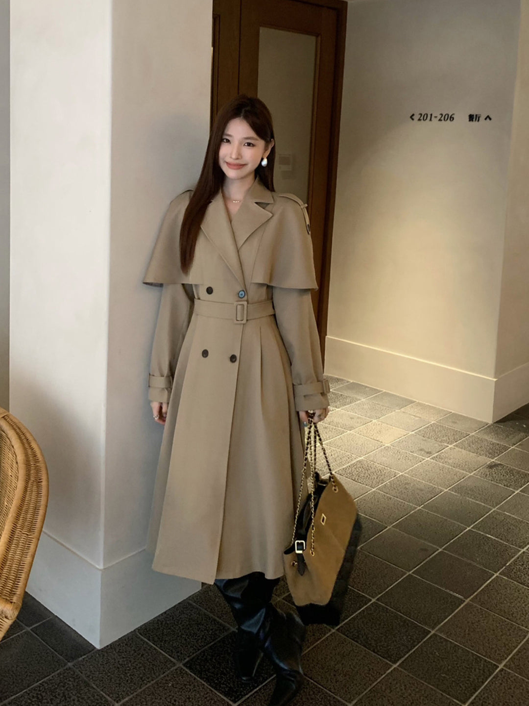 【outer】2色展開ベルト付きロングコート Q8978