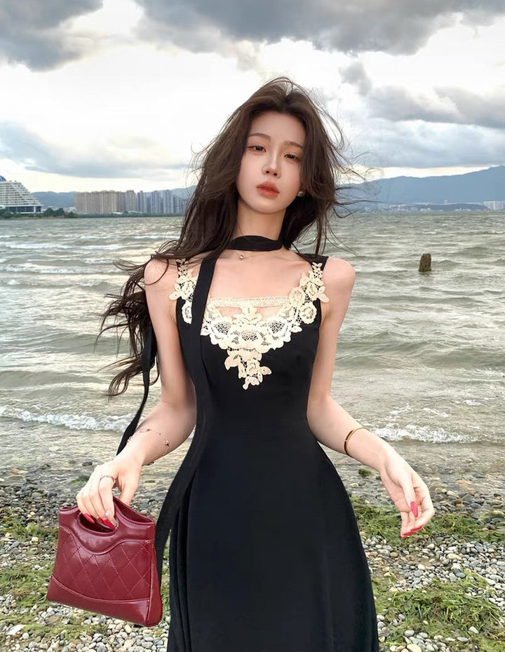 【dress】スカーフ付きレースドッキングロングワンピース Q8691