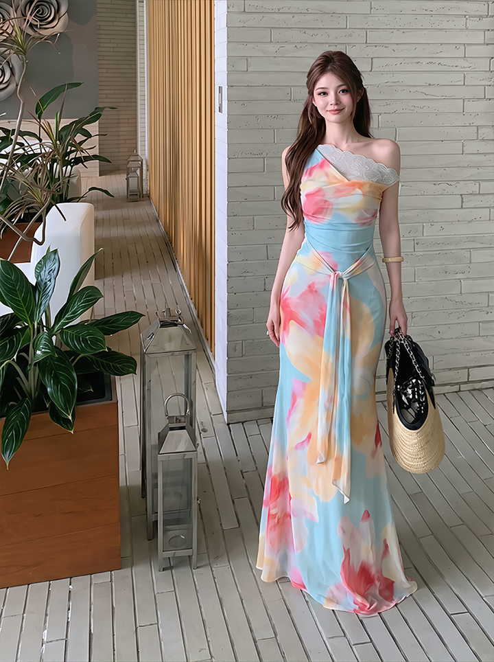 【dress】ノースリーブレースドッキングロングワンピース Q8597