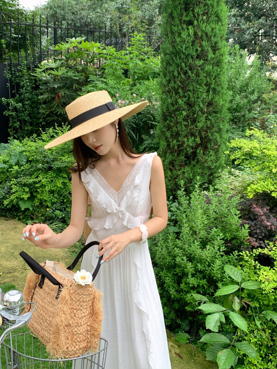 【dress】ノースリーブレースドッキングロングワンピース Q8657