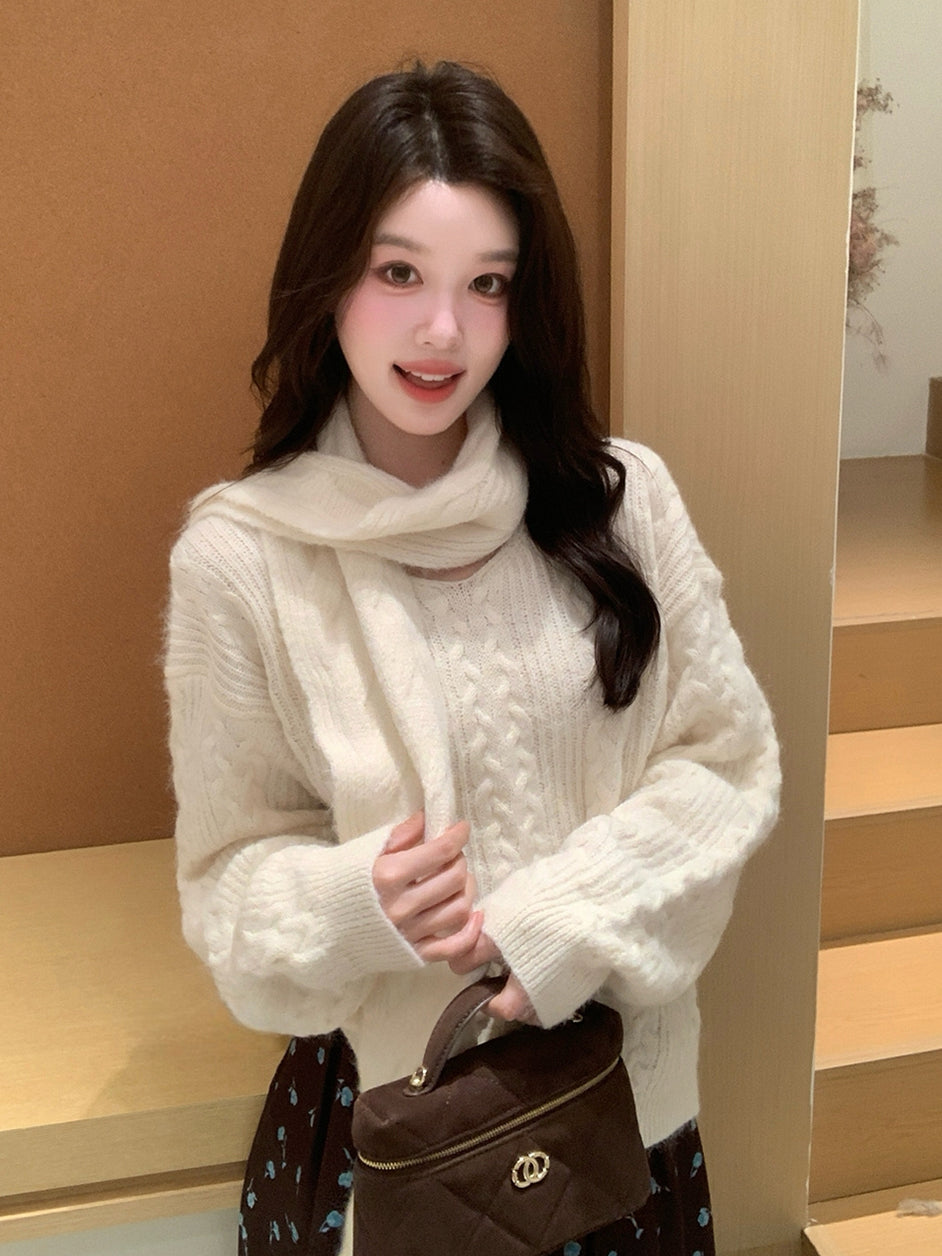 【tops】マフラー付きニットトップス Q9239