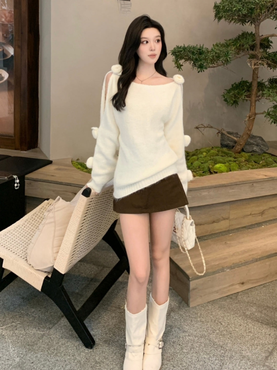 【tops】立体フラワー付きニットトップス Q9260
