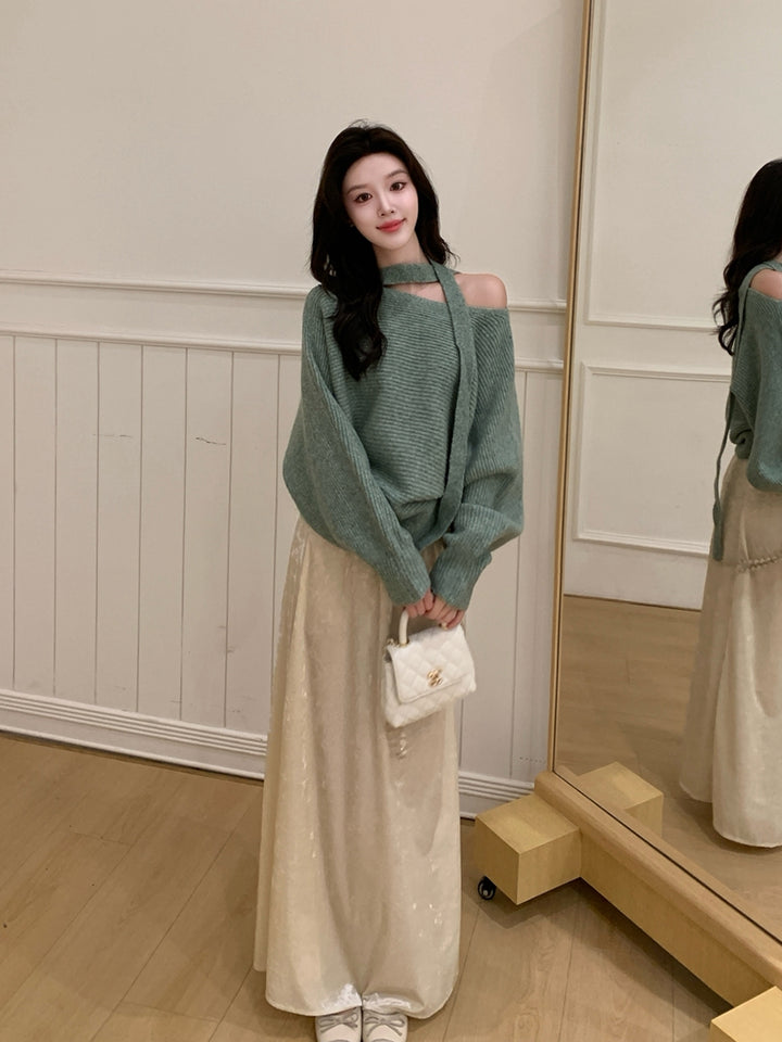 【tops】スカーフ付きニットトップス Q9241