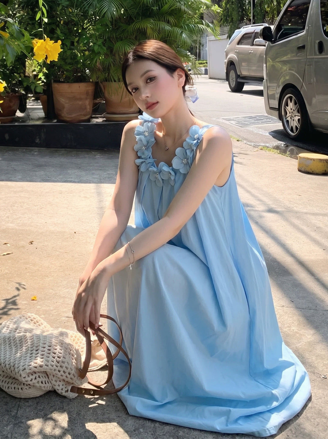 【dress】立体感フラワーロングベストワンピース Q8641