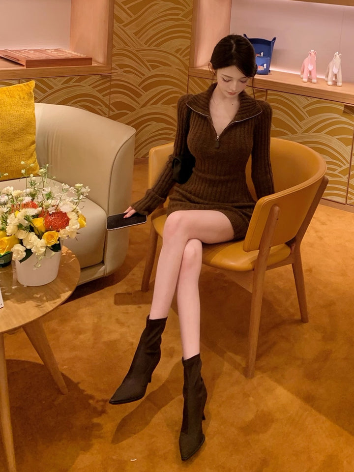 【dress】折り襟ニットミニワンピース Q9277