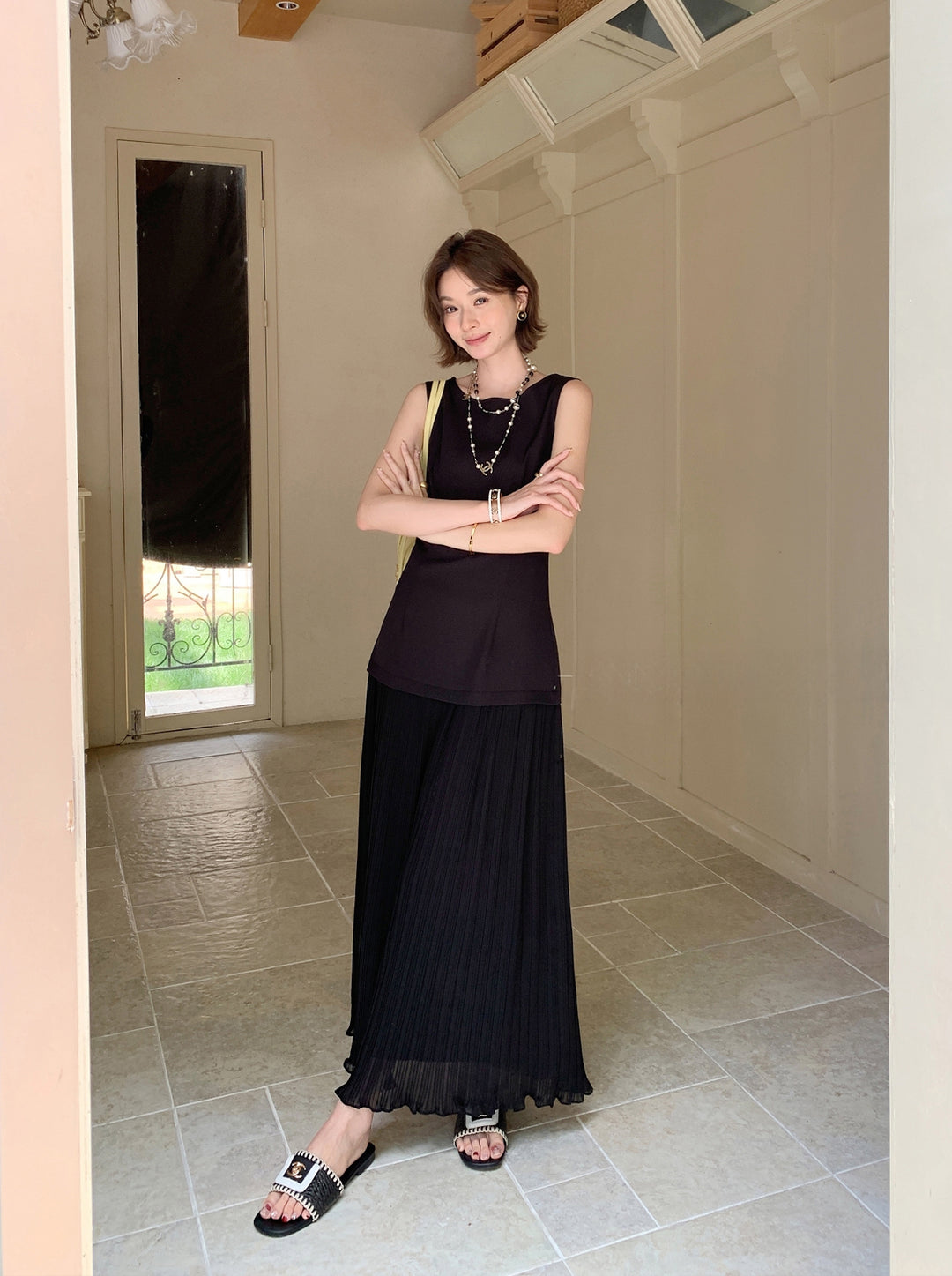 【dress】ノースリーブフェイクレイヤードワンピース Q8697