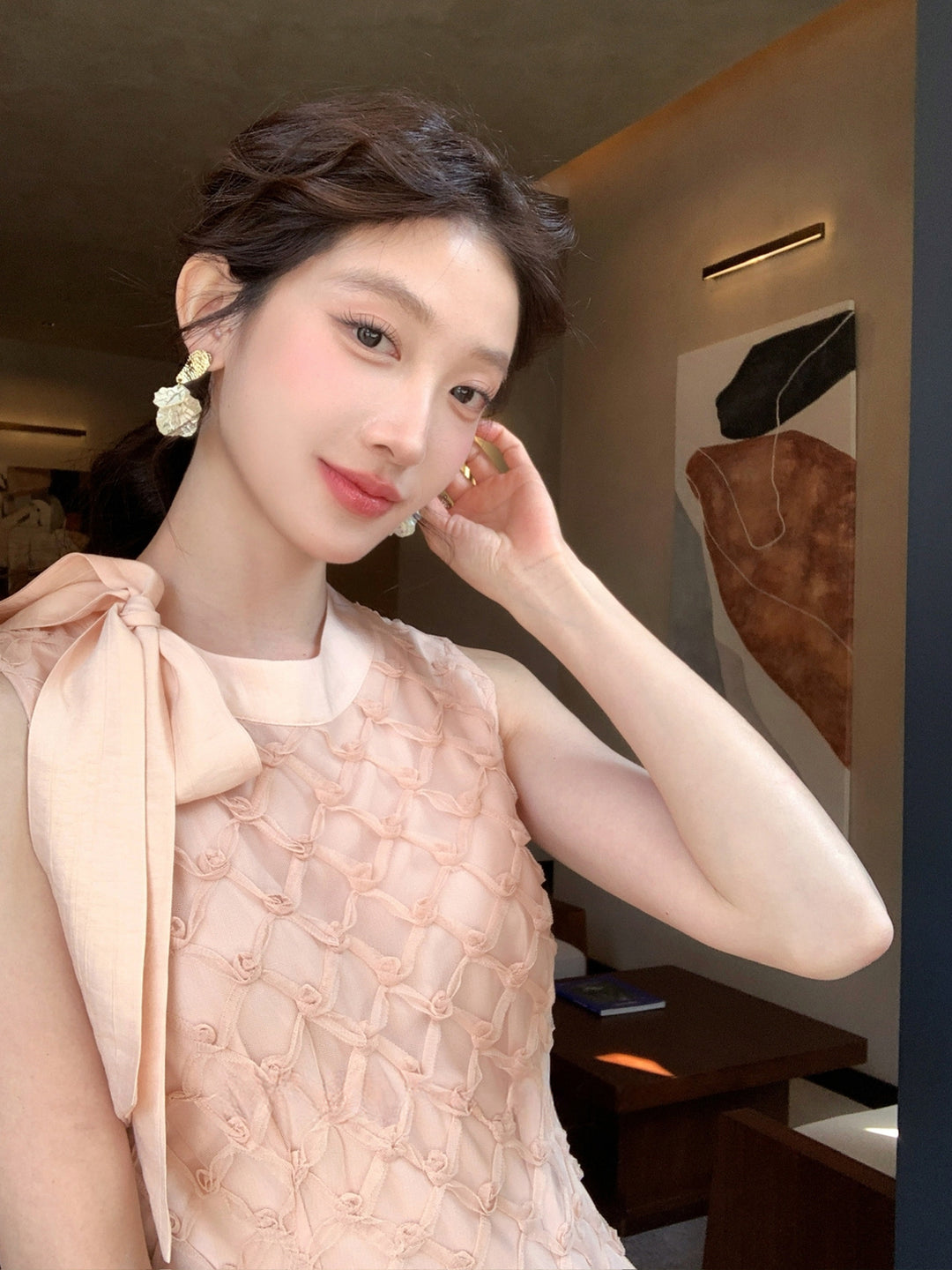 【dress】ノースリーブリボン付きロングワンピース Q8679