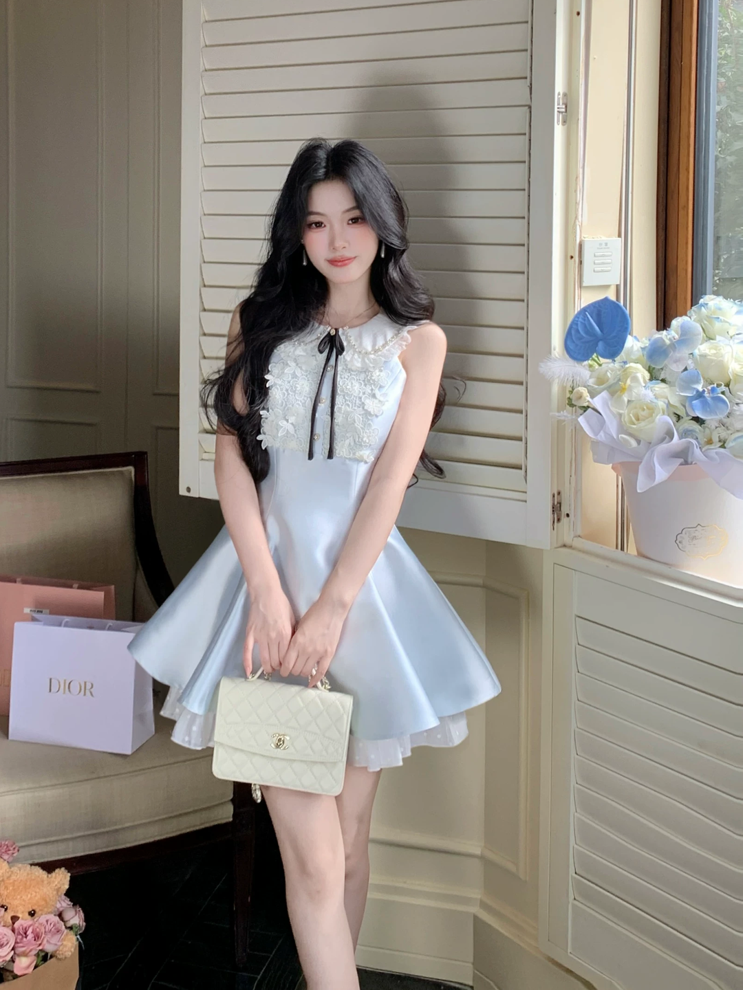 【dress】レースドッキングピーターパンカラーミニワンピース Q8549