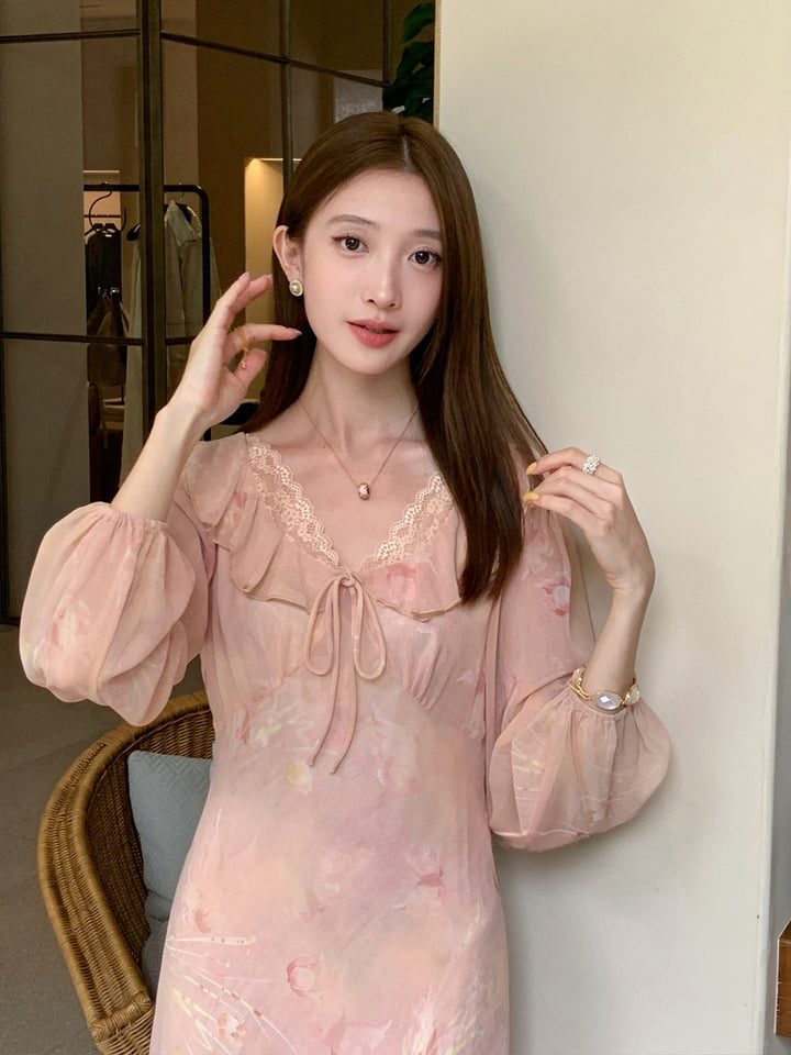 【dress】フラワー柄レースドッキングロングワンピース Q8998