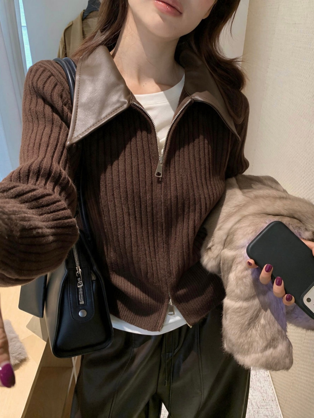 【outer】PUネックドッキングニットカーディガン Q9267
