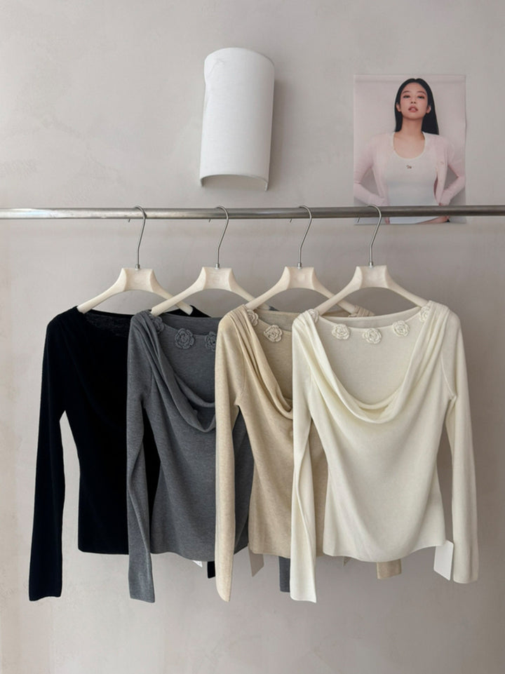 【tops】立体フラワー付きドレープドネックニットトップス Q9130