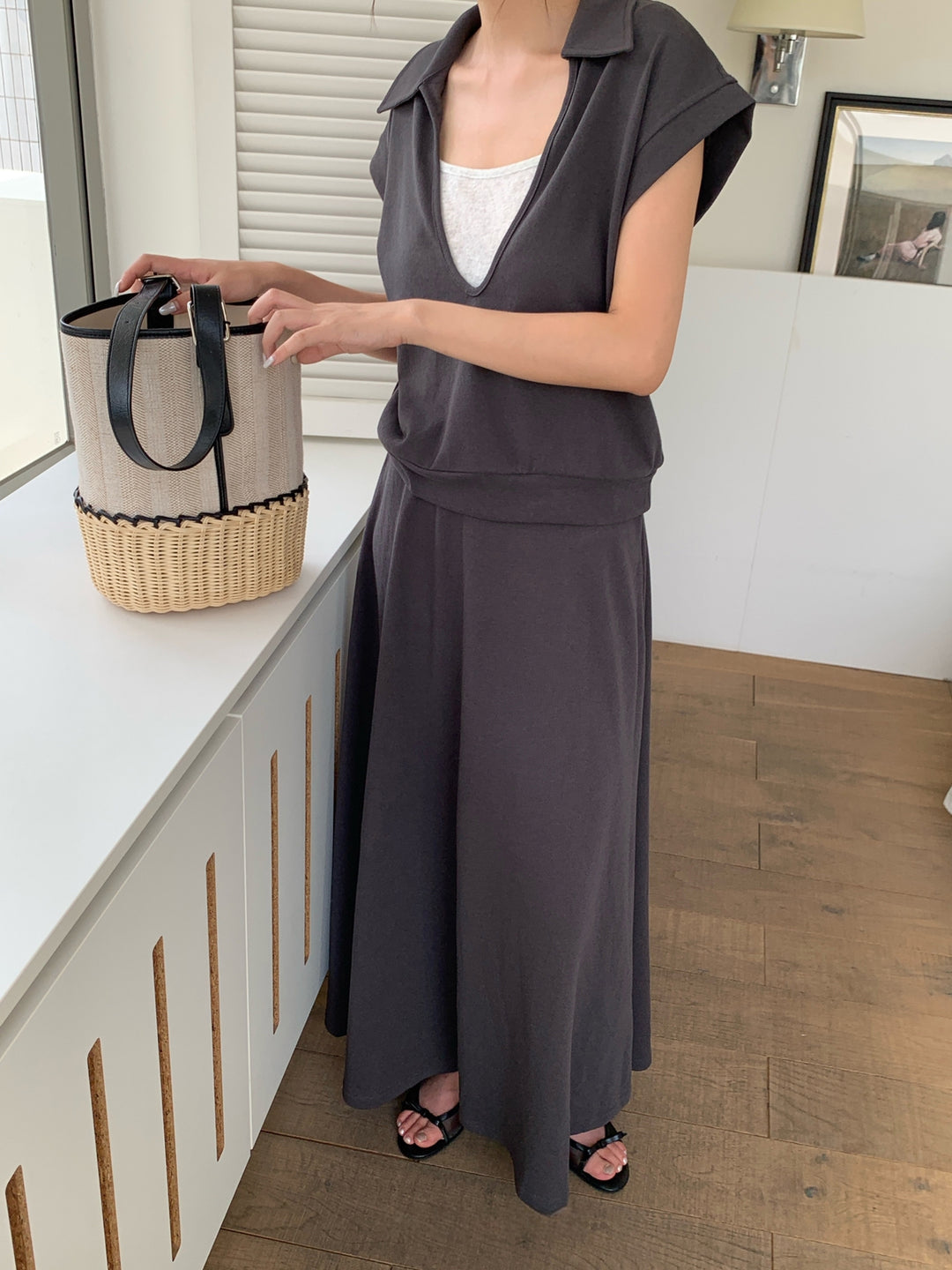 【set】フェイクレイヤードトップス×ロングスカートセット Q8660
