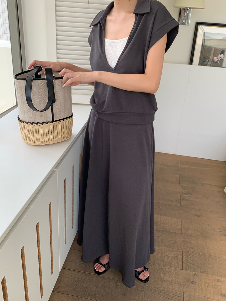 【set】フェイクレイヤードトップス×ロングスカートセット Q8660