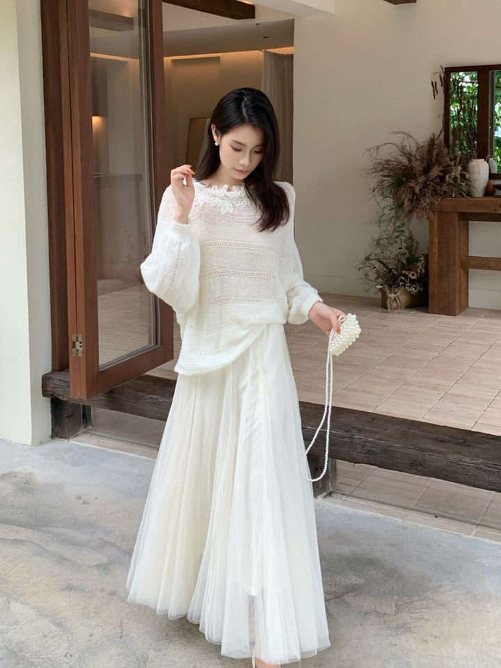 【tops】レースドッキングニットトップス Q8973