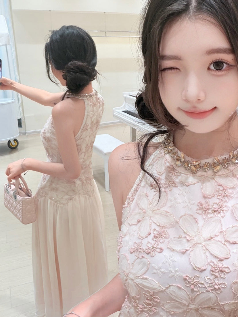 【dress】ノースリーブレースドッキングロングワンピース Q8685
