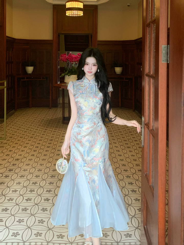 【dress】半袖サテンドッキングロングワンピース Q8542