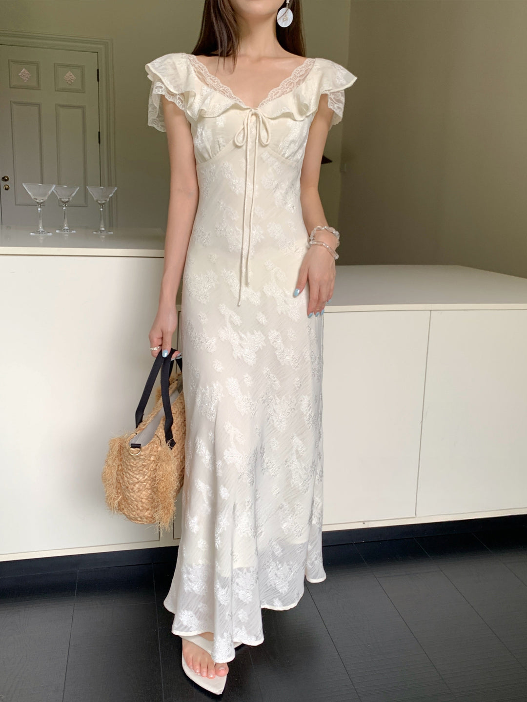 【dress】レースドッキングフラッタースリーブワンピース Q8658
