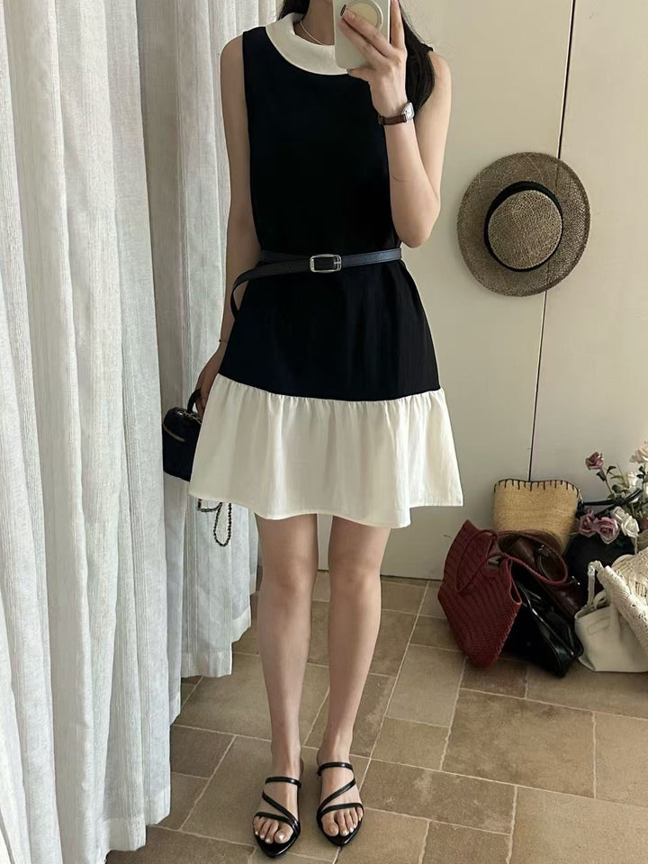 【dress】ノースリーブ襟付き配色ワンピース Q8712