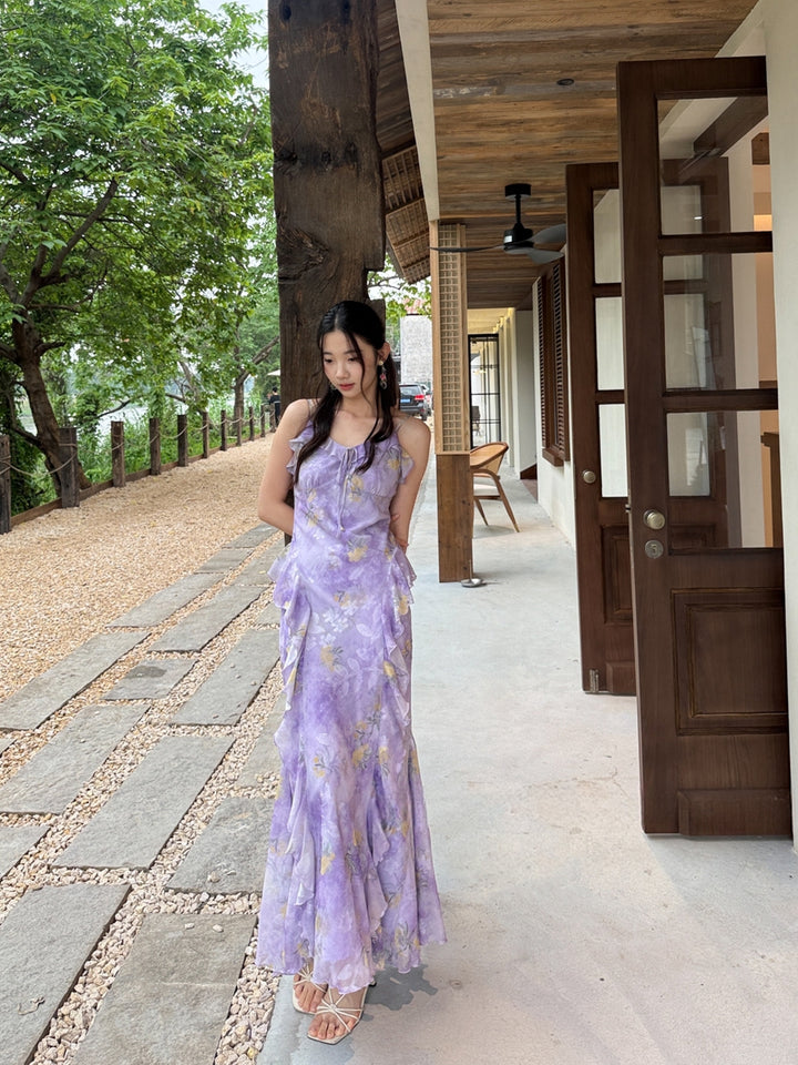 【dress】フラワー柄ギャザーフリルロングキャミワンピース Q8668