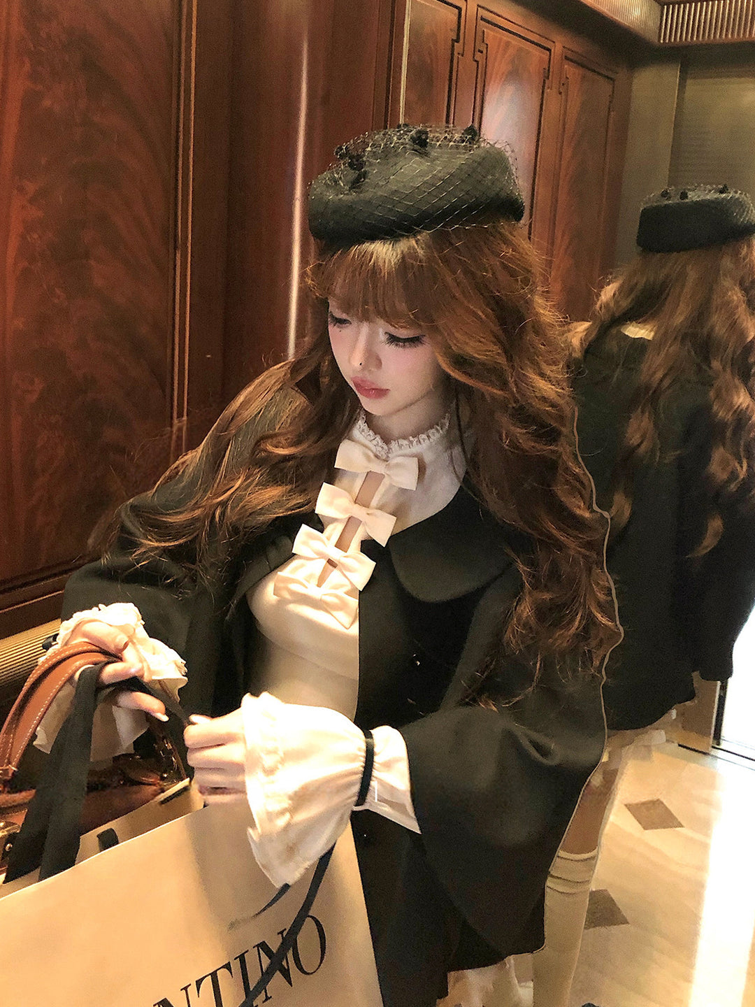 【set】リボン付きシャツ×ベルベットドッキングミニスカートセット Q9227